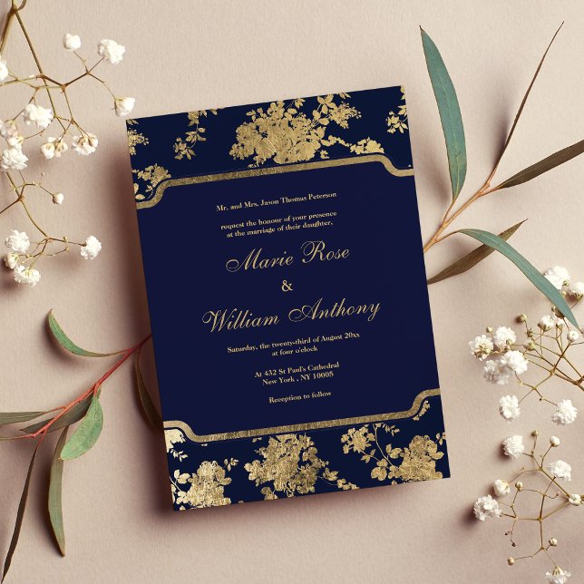 Convite Casamento floral de marinho azul esverdeado de giz (Elegant chic navy blue faux gold floral Wedding Invitation)