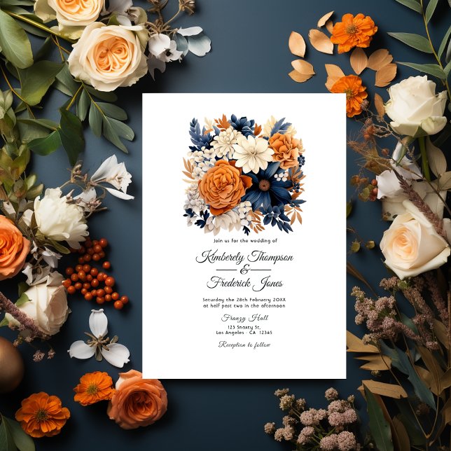Convite Casamento Floral de marinho Azul, Laranja Queimado (Navy Blue, Burnt Orange and Champagne)