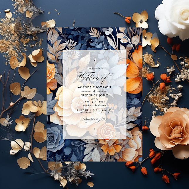 Convite Casamento Floral de marinho Azul, Laranja Queimado (Criador carregado)