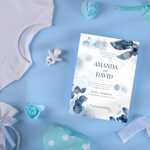 Convite Casamento Floral de Marinho Azul-Vidro