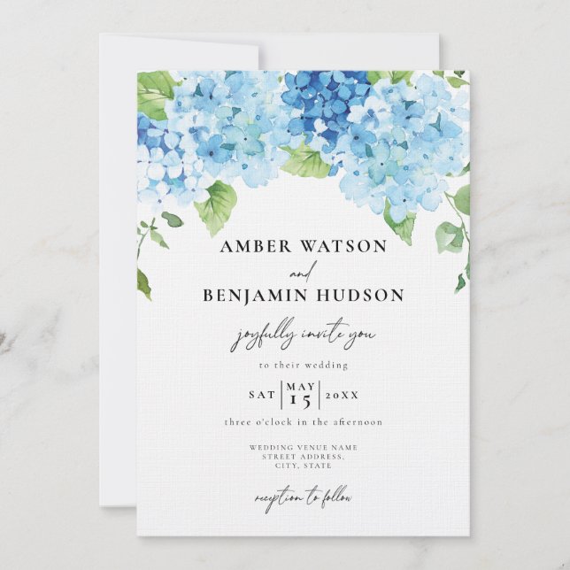 Convite Casamento Floral de Marinho Dusty Hydrangea Azul C (Frente)