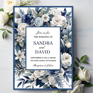 Convite Casamento Floral de Marinho Elegante Blue e Silver