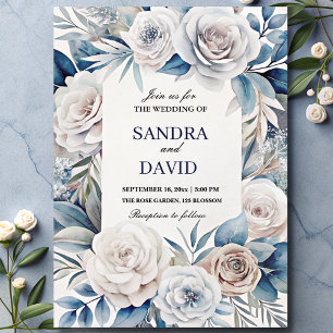 Convite Casamento Floral de Marinho Elegante Blue e Silver