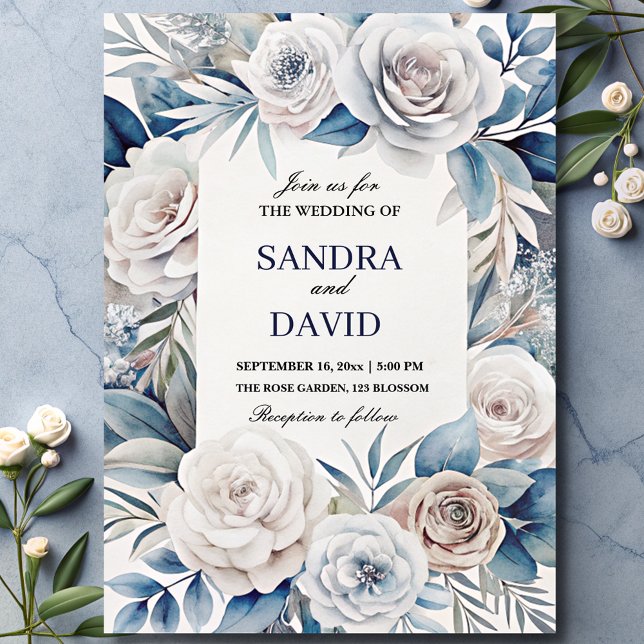 Convite Casamento Floral de Marinho Elegante Blue e Silver (Criador carregado)