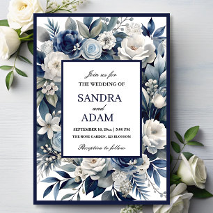 Convite Casamento Floral de Marinho Elegante Blue e Silver
