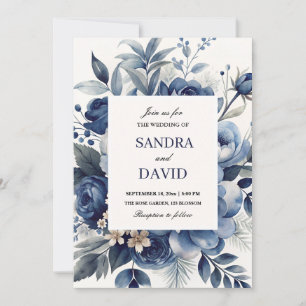Convite Casamento Floral de Marinho Elegante Blue e Silver