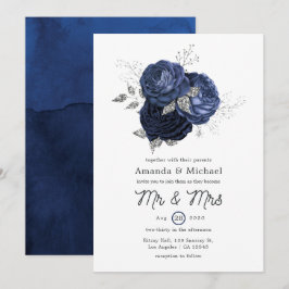 Convite Casamento Floral de Marinho Russo e Faux Glitter S