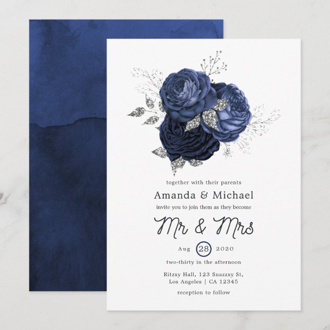 Convite Casamento Floral de Marinho Russo e Faux Glitter S (Frente/Verso)