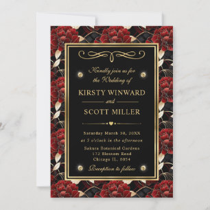 Convite Casamento Floral de Mármore Vermelho Preto e Doura