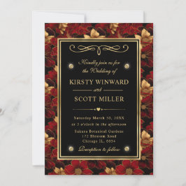 Convite Casamento Floral de Mármore Vermelho Preto e Doura