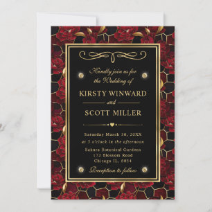 Convite Casamento Floral de Mármore Vermelho Preto e Doura
