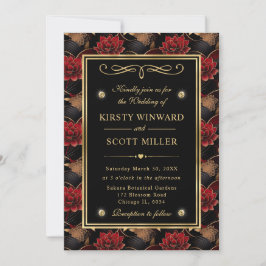 Convite Casamento Floral de Mármore Vermelho Preto e Doura