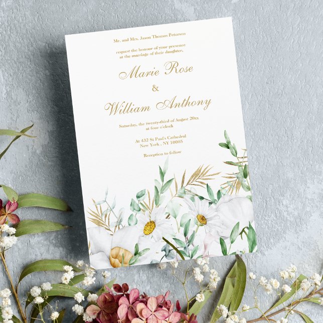 Convite Casamento floral de marrãs brancas de ouro botânic (Botanical white gold mint daisies floral Wedding )