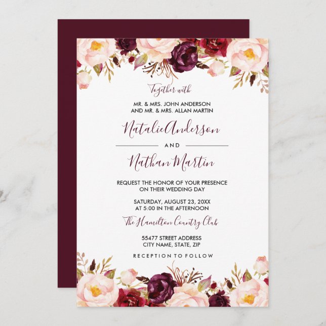 Convite Casamento Floral de Marsala Burgundy Red Watercolo (Frente/Verso)