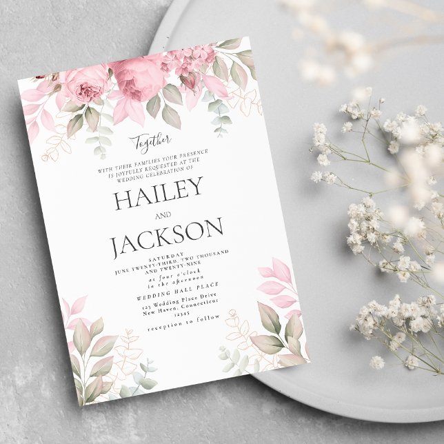 Convite Casamento floral de menta rosa e magnólia branca (Blush pink mint and white magnolia floral wedding invitation)