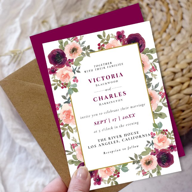 Convite Casamento Floral de Mola Hidrográfica Mínima Rústi (Rustic Minimalist Blush Watercolor Floral Wedding Invitation)