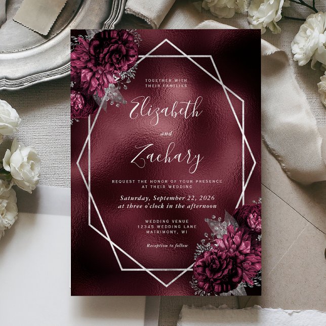 Convite Casamento Floral de Moldura Prateada e Falso Folhe (Criador carregado)