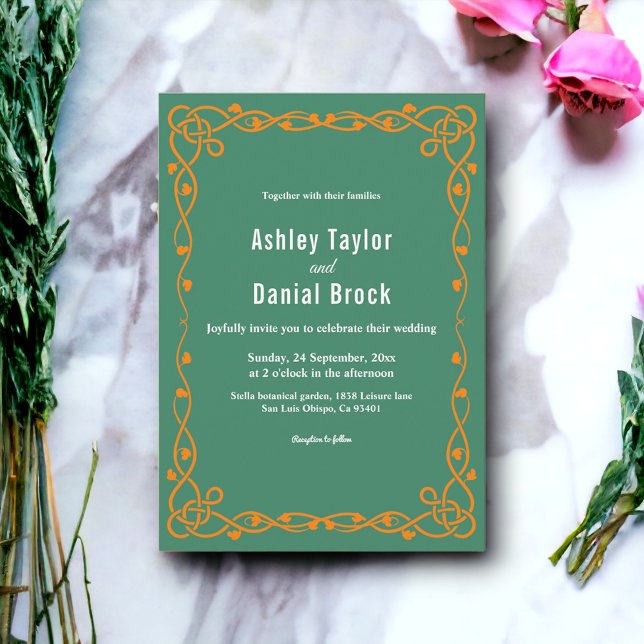 Convite Casamento Floral de Moldura Verde Mínima Elegante (Criador carregado)
