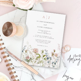 Convite Casamento Floral de Monograma Cor-de-Rosa