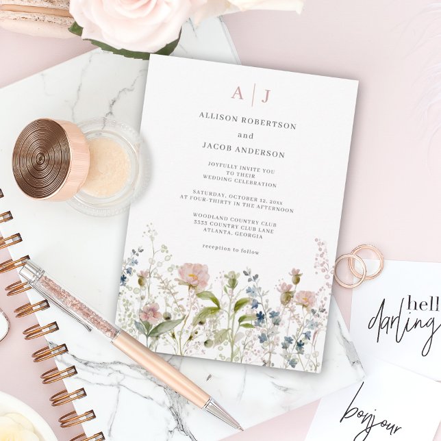 Convite Casamento Floral de Monograma Cor-de-Rosa (Criador carregado)