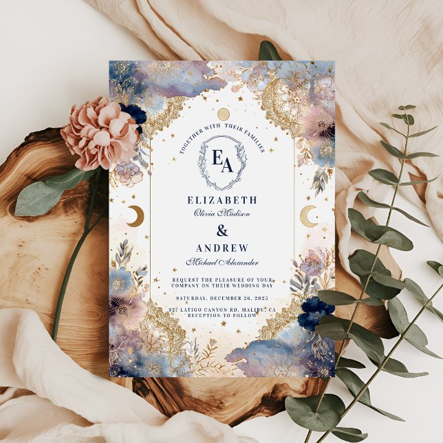 Convite Casamento Floral de Moonlit Sky e Rosa (Criador carregado)