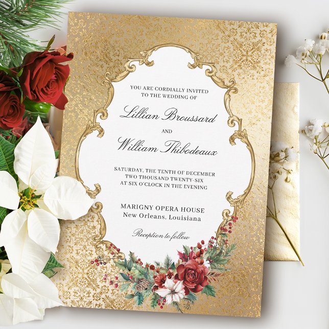 Convite Casamento Floral de Natal de Opulência ouro (Criador carregado)