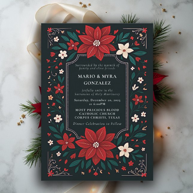 Convite Casamento Floral de Natal Elegante Rústico Mexican (mexican wedding invitation christmas theme floral botanical frame poinsettias red white black)