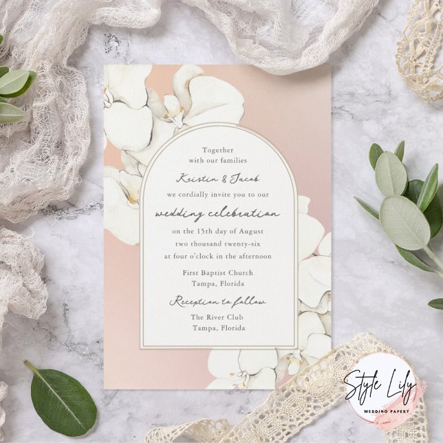 Convite Casamento Floral de Orquídea Botânica Rosa Branco (Criador carregado)