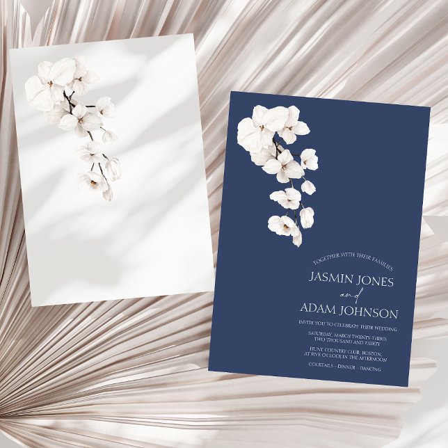 Convite Casamento Floral de Orquídea Branca Azul Marinho M (Modern Navy Blue White Orchids Flowers Wedding Invitation)