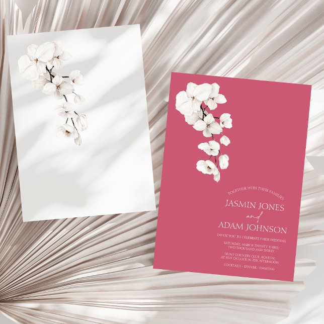 Convite Casamento Floral de Orquídea Branca Rosa Magenta M (Modern Magenta Pink White Orchids Flowers Wedding Invitation)