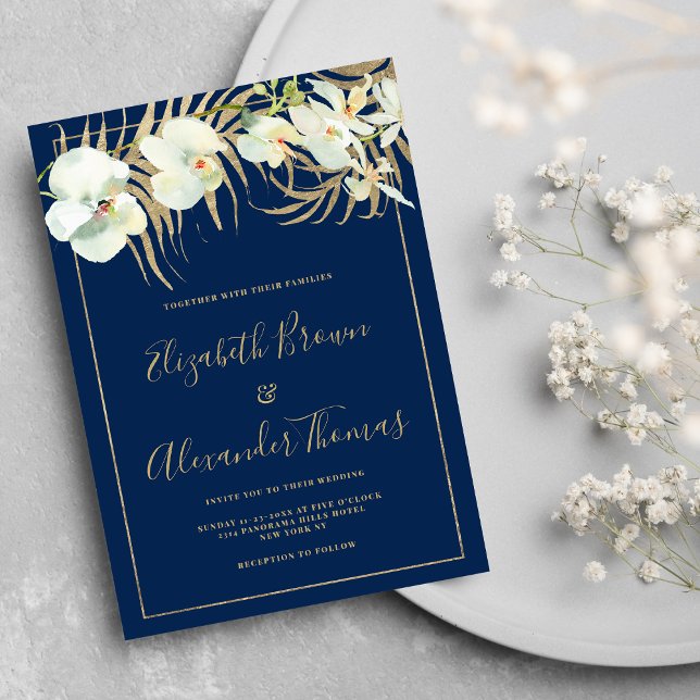Convite Casamento floral de orquídea elegante de ouro azul (Chic navy blue gold elegant orchid floral wedding)