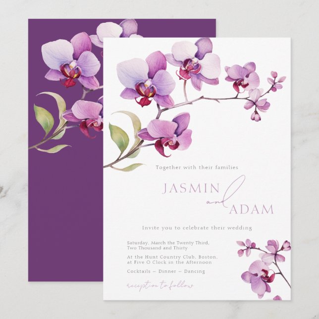 Convite Casamento Floral de Orquídea Roxa Elegante (Frente/Verso)