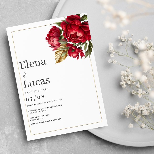 Convite Casamento floral de ouriços vermelhos de outono (Autumn red gold green peonies floral wedding)