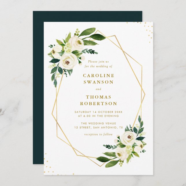 Convite casamento floral de ouro (Frente/Verso)
