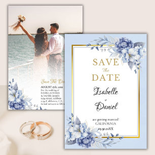 Convite Casamento Floral De Ouro Azul Elegante Salvar A Da