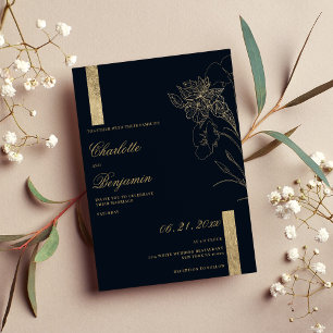 Convite Casamento floral de ouro azul-marinho minimalista