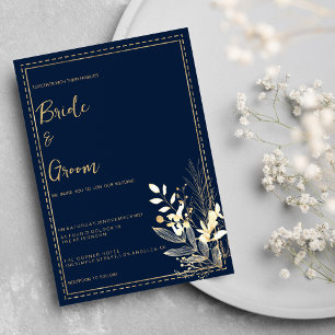 Convite Casamento floral de ouro azul-marinho simples