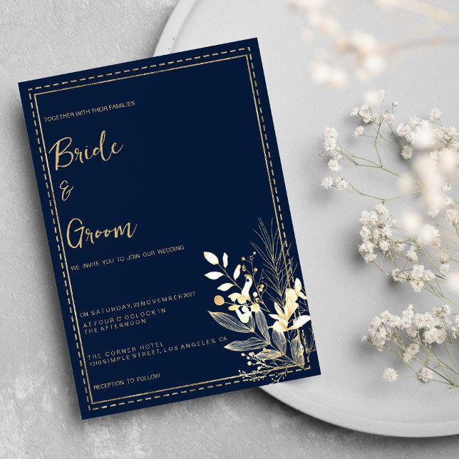 Convite Casamento floral de ouro azul-marinho simples (Simple chic navy blue gold floral Wedding )