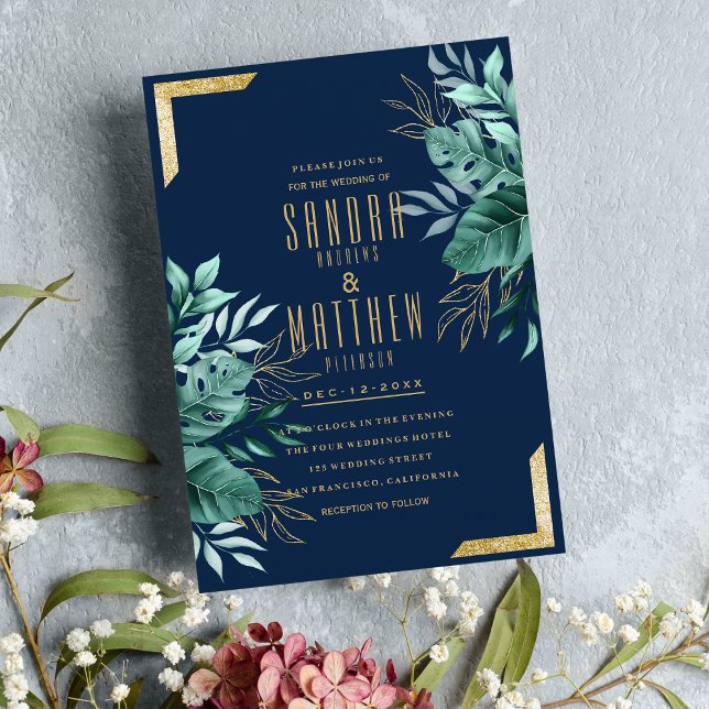 Convite Casamento floral de ouro azul-marinho tropical (Tropical navy blue gold glitter floral Wedding )