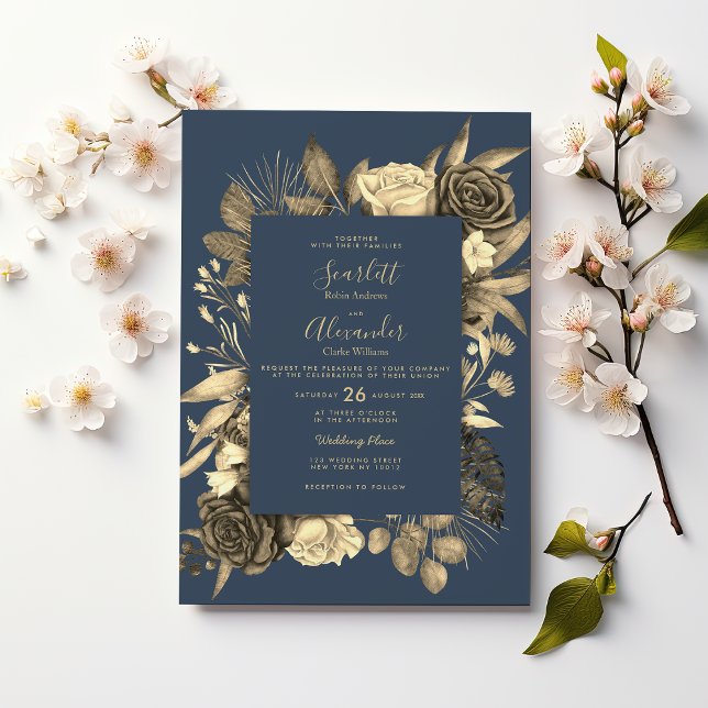 Convite Casamento floral de ouro azul-mariquino (Country chic mauve blue gold floral Wedding )
