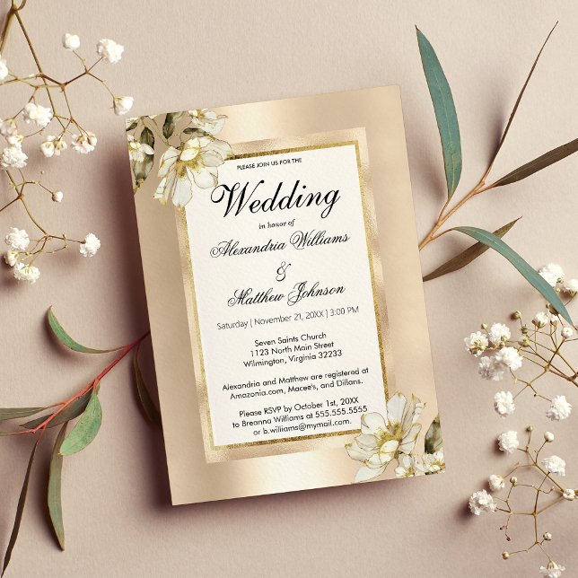 Convite Casamento floral de ouro branco elegante (Elegant white glam champagne gold floral Wedding)