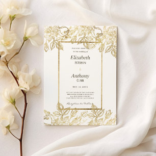 Convite Casamento floral de ouro branco elegante de luxo