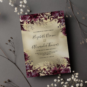 Convite Casamento floral de ouro burgundy de luxo