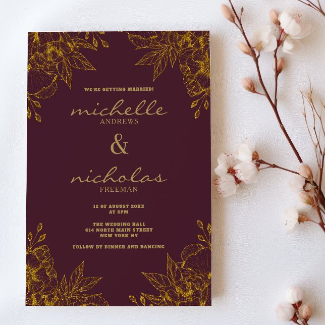 Convite Casamento floral de ouro burgundy de luxo (Luxury hue burgundy gold glitter floral wedding)