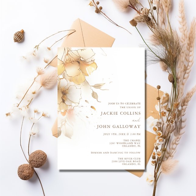 Convite Casamento Floral de ouro Fall (Golden Fall Floral Wedding Invitation)