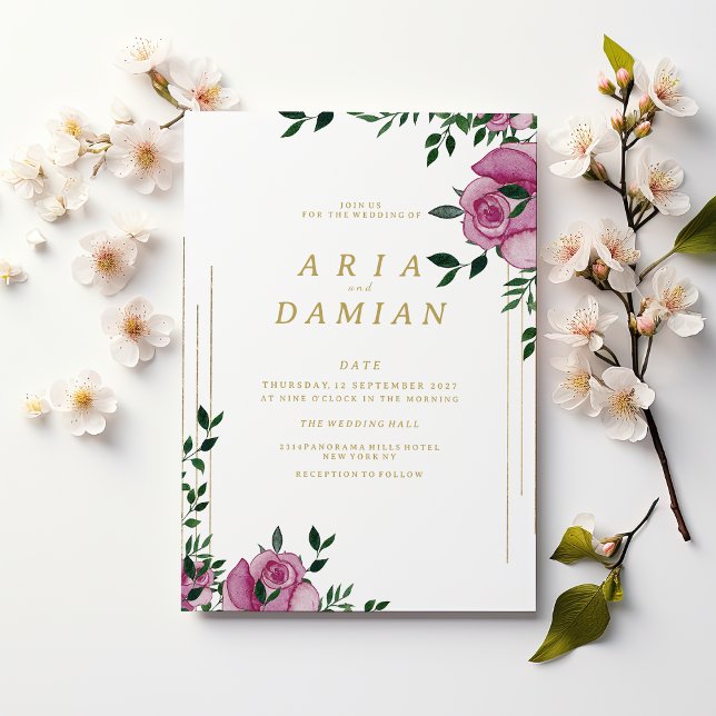 Convite Casamento floral de ouro lilás aquática (Watercolor lilac green gold floral Wedding )