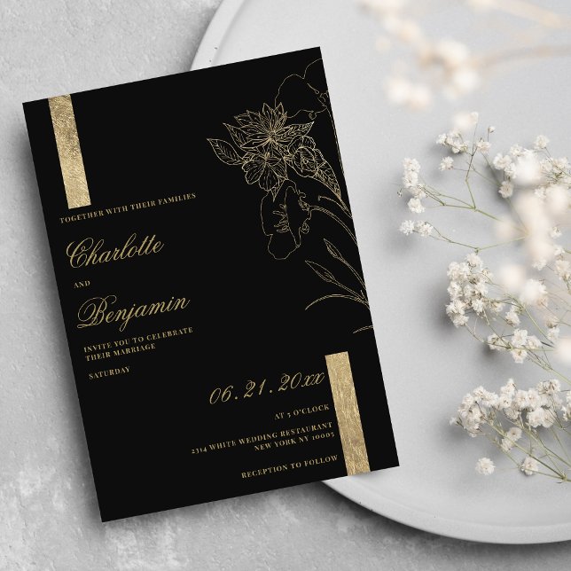 Convite Casamento floral de ouro negro e elegante (Elegant minimalist chic black gold floral wedding )