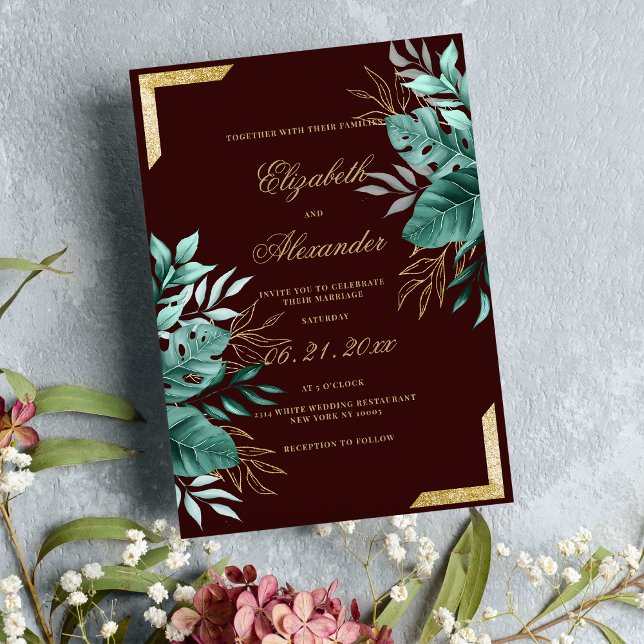 Convite Casamento floral de ouro trombadio-tropical (Glam tropical burgundy gold glitter floral wedding)