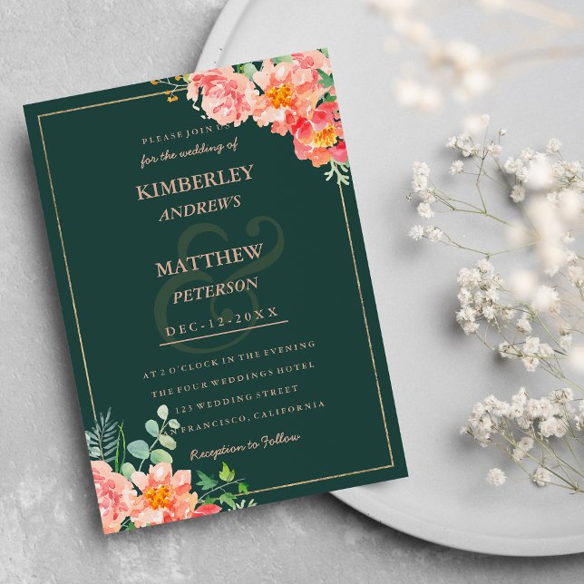 Convite Casamento floral de ouro verde de coral cor-de-águ (Watercolor pink coral green gold floral Wedding Invitation )