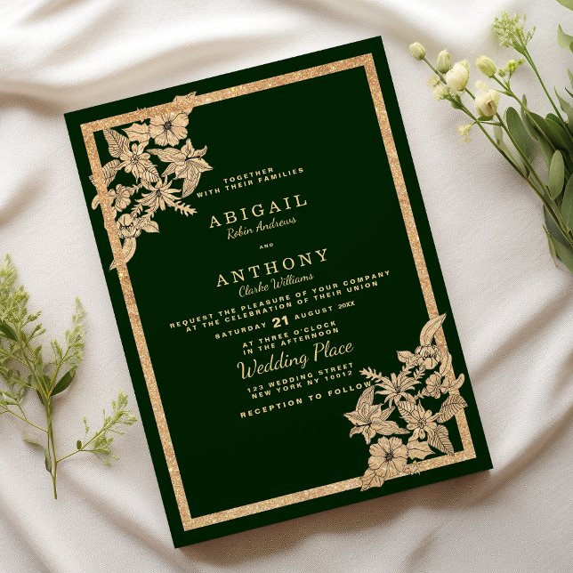 Convite Casamento floral de ouro verde-escuro de luxo (Luxury dark green gold glitter floral Wedding )
